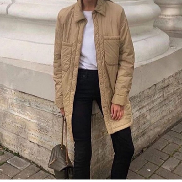 ZARA Water Repellent Overshirt Shacket Puffer Coat in color Tan - Picture 6 of 7